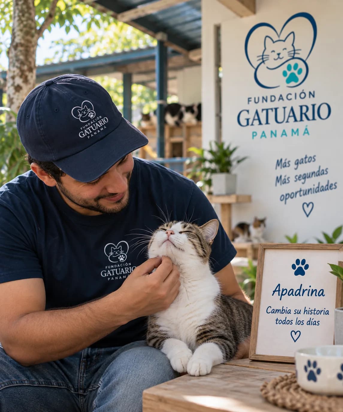 Voluntario con gorra de la fundación acariciando un gato