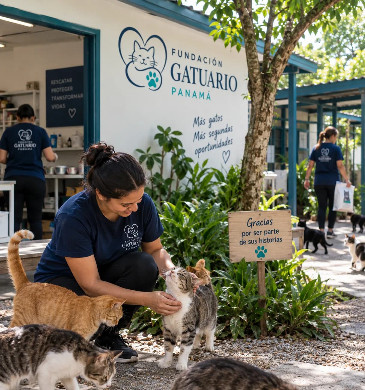 Voluntaria acariciando gatos junto al letrero de Fundación Gatuario