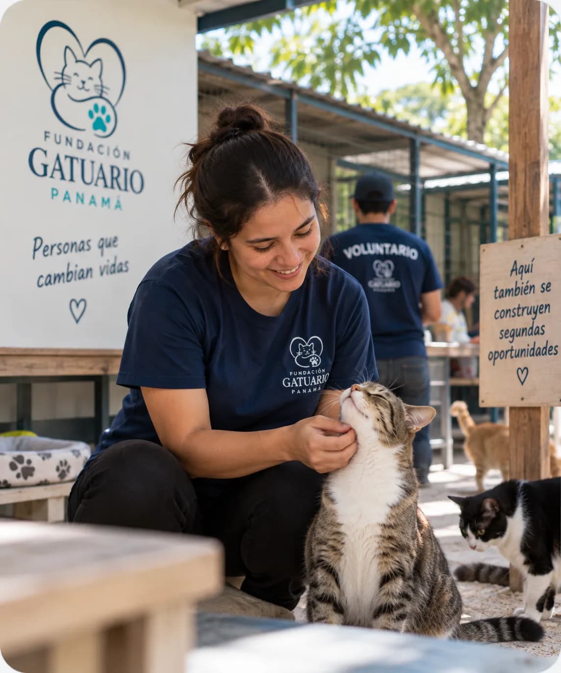 Voluntaria sonriendo mientras acaricia a un gato atigrado